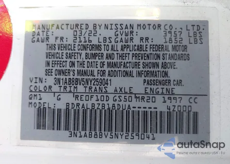 2022 Nissan Sentra S Xtronic Cvt z USA, uszkodzony, nr VIN 3N1AB8BV5NY259041